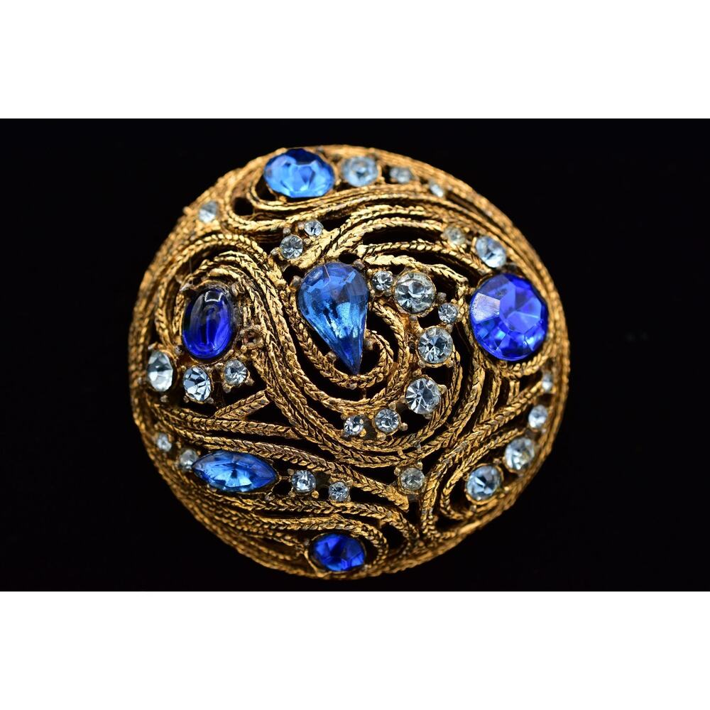 Vintage Blue Crystal Pin Brooch Rhinestone Round Antiqued Gold Chunky 50s BinBP